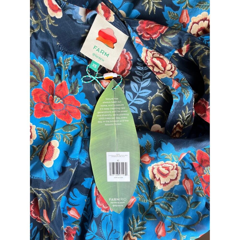 Farm Rio Maxi Dress Blue Floral Print Tie Waist Midi Length - Picture 5 of 6